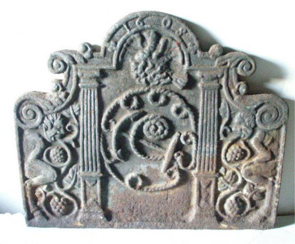 Nautical Theme Cast-Iron Fireback: Nautical theme cast-iron fireback, with rope, anchor, bird, scroll, and other decorative motifs, and the date {with decorative scheme): "1608". English, probably late 17/early 18th C.
