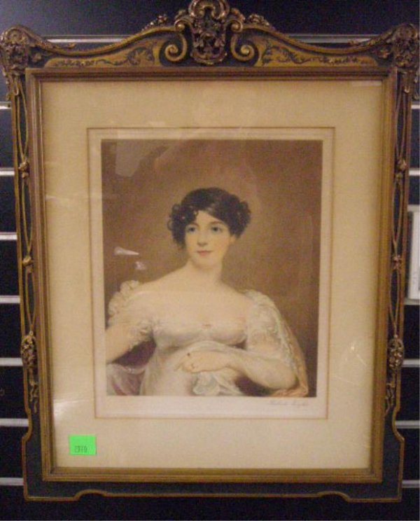 Richard Smythe, Portrait of a Young Englishwoman": Richard Smythe, signed, mezzotint, Portrait of a Young Englishwoman. [Original elaborate ebonized, gilt and polychrome frame] 13 1/2h x 11w=image; 23 1/2h x 18w=frame