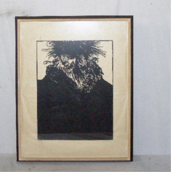 [Leonard] Baskin, Portrait of a Bearded Man: [Leonard] Baskin, signed in graphite below image, woodcut, Portrait of a Bearded Man. 27 1/2h x 21 1/2w=image(sheet); 29 1/4h x 23 1/4w=frame