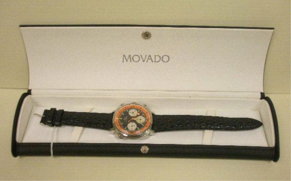 Gents Movado Super Sub Sea Chronograph Wrist Watc: Gent's Movado Super Sub Sea chronograph wrist watch, stainless steel, black dial with three secondary dials & orange chapter ring, includes original boxes & black leather Movado band