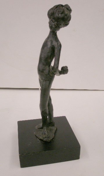 Betty Jacob Signd Bronze Sculpture: Betty Jacob signed 10 1/2" bronze sculpture of a young girl w/hands behind back, mounted on wood base