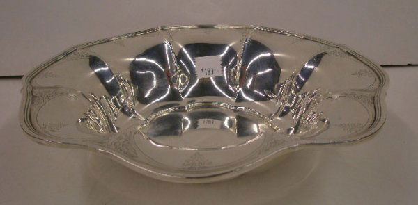 Old Newbury Crafters Sterling Center Bowl: Old Newbury Crafters sterling silver 13 1/4" center bowl, scalloped edge w/floral chaised border, 20.99 oz