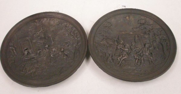 Abraham Cox Cast Iron Hanging Plates: Pair Abraham Cox Stove Company Philadelphia & Chicago cast iron 10" hanging plates w/embossed figural & scenic designs