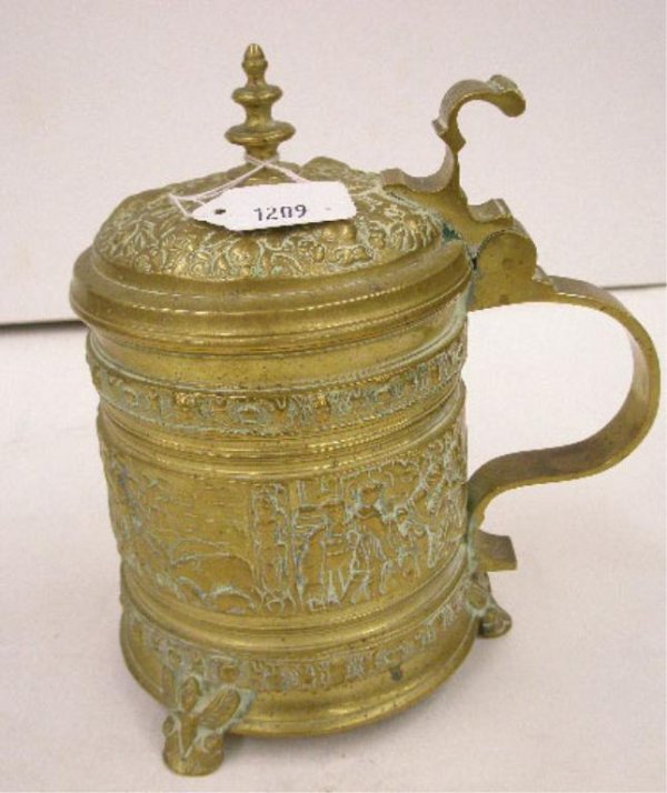 19th c. Continental Brass Beer Stein: 19th c. Contiental brass & tin lined 7 1/2" beer stein w/relief figural design