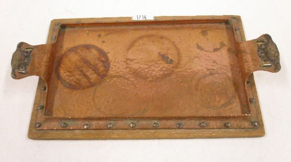 Arts & Crafts Copper & Silver Tray: Arts & Crafts hand hammered copper & silver mount handled 13" x 7" tray mounted on wood base, marked Bailey, Banks & Biddle & copper & silver