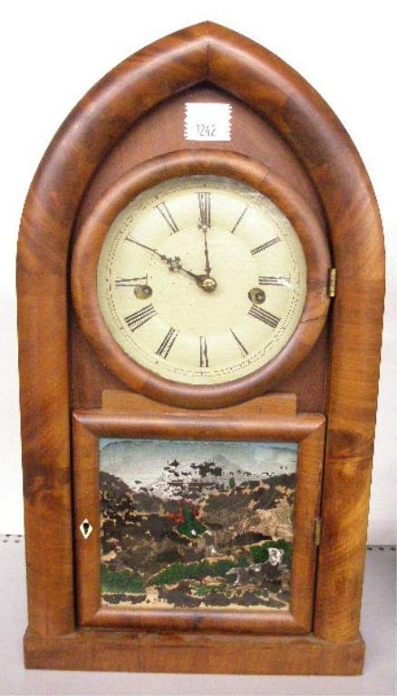Terry & Andrews Beehive Form Shelf Clock: Terry & Andrews for Ansonia Clock Co. mahogany veneer cased 19" beehive form shelf clock, eight day w/time & strike movement, tin face, reverse painted panel on door