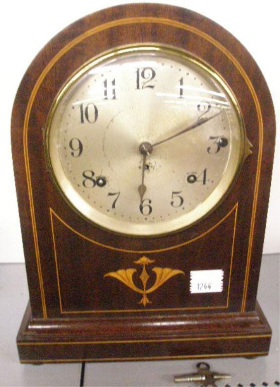 Seth Thomas Beehive Chiming Clock: Seth Thomas mahogany cased & inlaid 14" beehive form chiming shelf clock, silvered dial, time/strike/chime movement