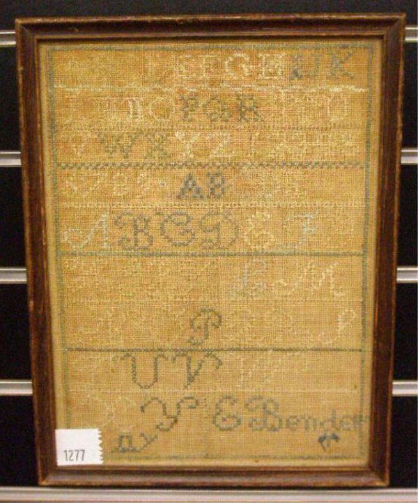 Framed 19th c. Sampler: 19th c. framed 9" x 12" alphabet sampler, signed E. (Elizabeth) Bender