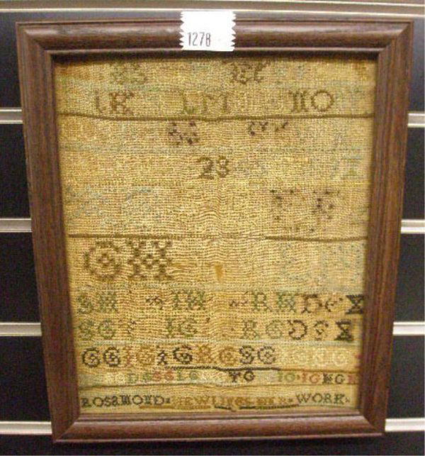 Framed 19th c. Sampler: 19th c. framed 9 1/2" x 11 1/" alphabet sampler, signed "Rosemond Hewlings her work"