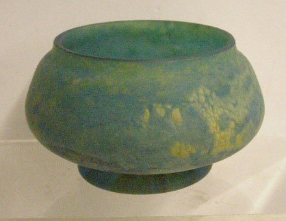 Daum Nancy Mottled Glass Rose Bowl: Daum Nancy signed green, yellow & blue mottled glass 4" rose bowl