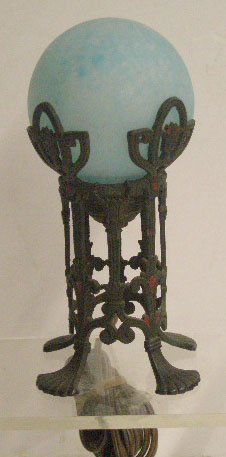 Daum Nancy Night Light: Daum Nancy signed 7 1/2" night light, mottled turquoise glass shade w/frosted surface set in Art Deco wrought metal base