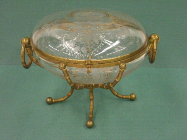 French Crystal & Brass Footed Candy Box: French crystal & brass mount 8" x 5" footed covered candy box w/intaglio etched floral design, marked Maison Alph Giroux Paris on inner brass rim of bottom portion