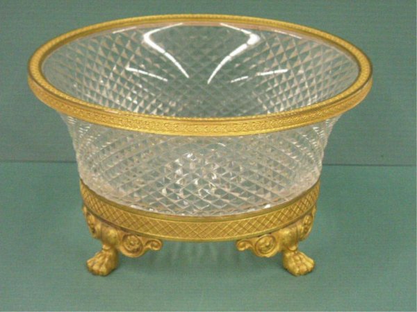 Austrian Crystal & Bronze Footed Bowl: Austrian cut crystal & Dore bronze mount 7 1/2" footed bowl, made in Austria on bronze foot