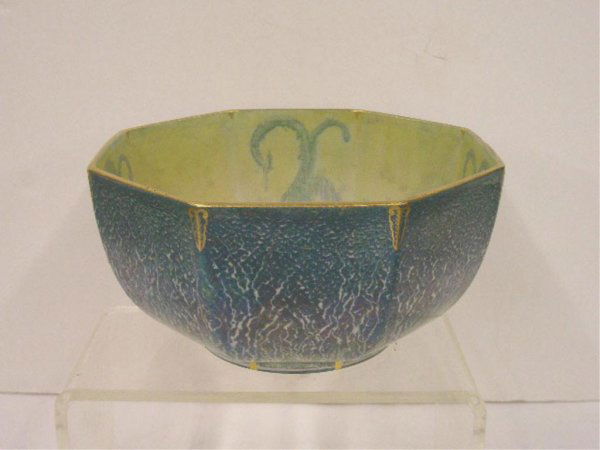 Gustavsberg Pottery Bowl: Gustavsberg pottery 9 1/2" x 5" bowl, 1928 dated & artist signed, blue & yellow iridescent glaze, geometric design