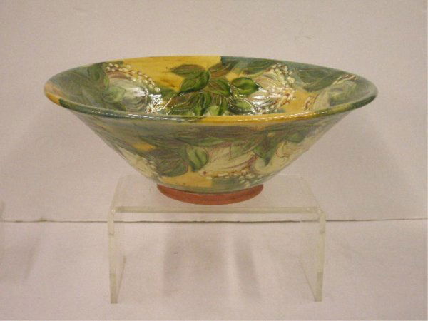 French Glazed Redware Bowl: French glazed redware 15" x 6 1/2" center bowl w/floral design