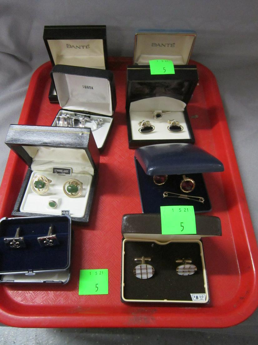 8 Vintage Gents Cuff Link Sets: Eight Vintage Gents Cuff Link Sets; mostly new in boxes by Royale, Dante , Swank, Bucherer, includes: two sets with cuff links only, and six sets with cuff links, tie bars or tacks. CONDITION: Mostly