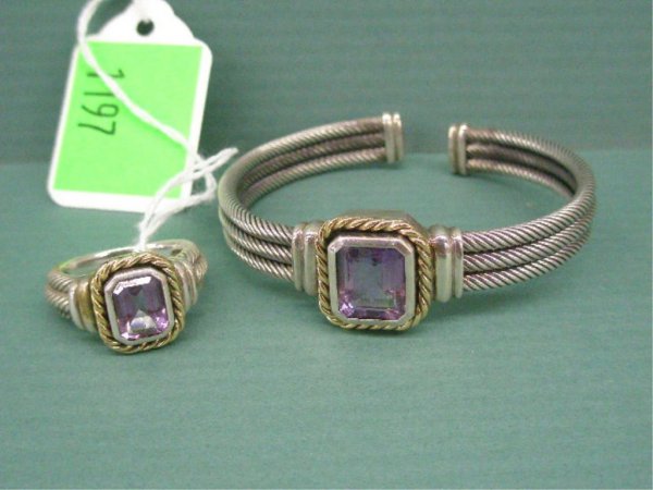 Sterling & 14K Gold Cuff Bracelet & Ring: David Yurman style sterling silver & 14k cuff bracelet & ring w/amethysts, 2 1/2" bracelet & size 9 ring