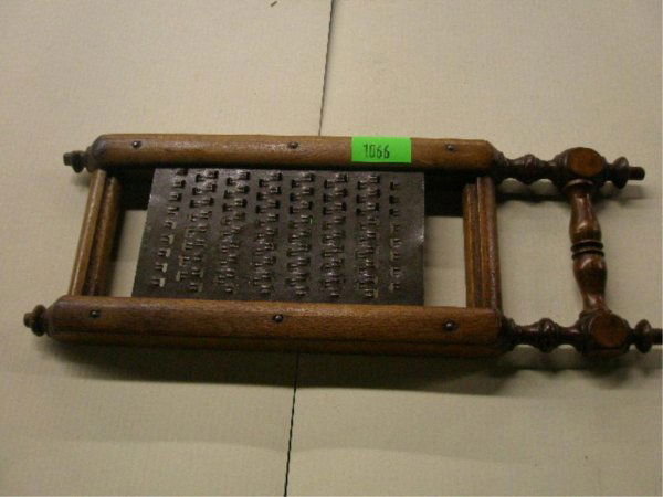 19th c. Wood & Toleware Cheese Grater: Cheese grater, walnut, turned wood handle, Toleware, 19th C. 4 1/2" x 13"