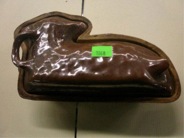 Redware Lamb Form Mold: Redware lamb form mold in 2 parts, 12" x 7" x 3 1/2", late 19th C.