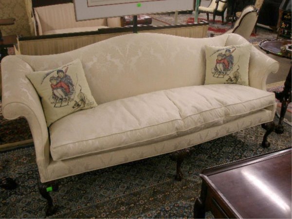 Chippendale Style Camel Back Sofa: Chippendale style camel back sofa by Southwood, Mahogany, ivory brocade upholstery, late 20th c. w/2 Norman Rockwell pillows