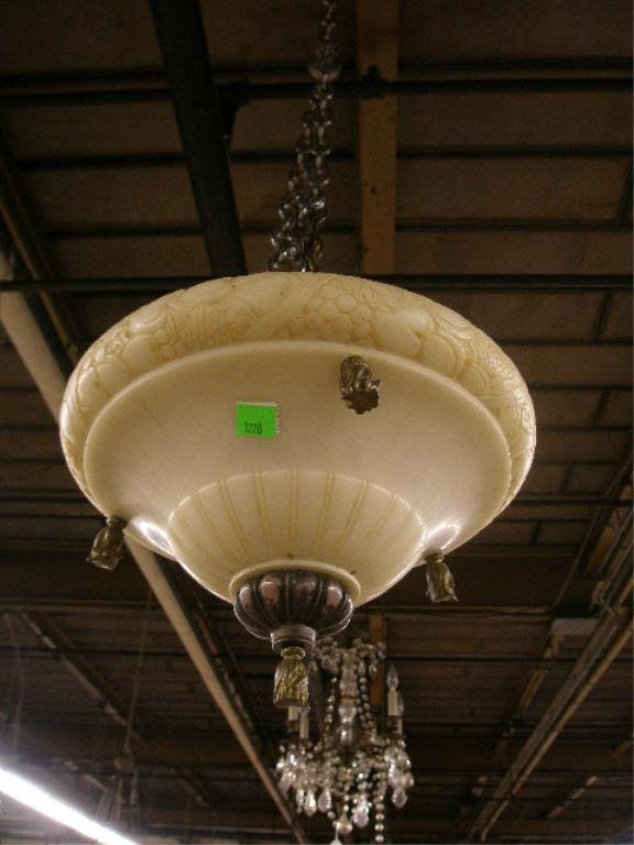 Art Deco Carved Alabaster Chandelier: Art Deco carved alabaster & brass dome chandelier, diam 18"
