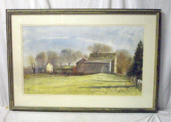 Ranulph Bye Signed Watercolor: Ranulph Bye, signed, watercolor, "Farbotnik's Farm-January 23, 1973" [Artist's studio label w/typescript title, verso] 22 1/2"h x 39"w=image; 34 1/4"h x 50"w=frame