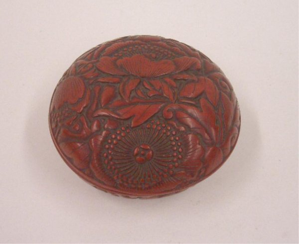 Antique Cinnabar Carved Box: Antique Cinnabar hand carved 3 1/4" box