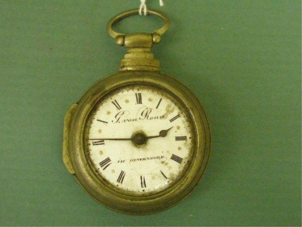 G. Von Ronn Pocket Watch: G. Von Ronn in Otterndorf fusee movement open face pocket watch, ornate engraved & open work movement, 36mm diam. illegibly marked low quality silver case, sets in nickel secondary case. 18th to 19th