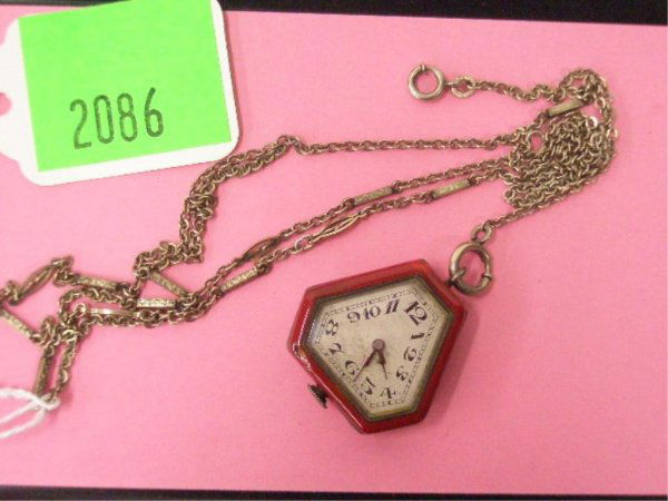 Swiss Art Deco Silver & Enamel Lapel Watch: Swiss Art Deco lapel watch, "Didishein-Goldschmidt Fils & Co. " red enameled sterling case & chain, 10 jewel movement, c. 1920's