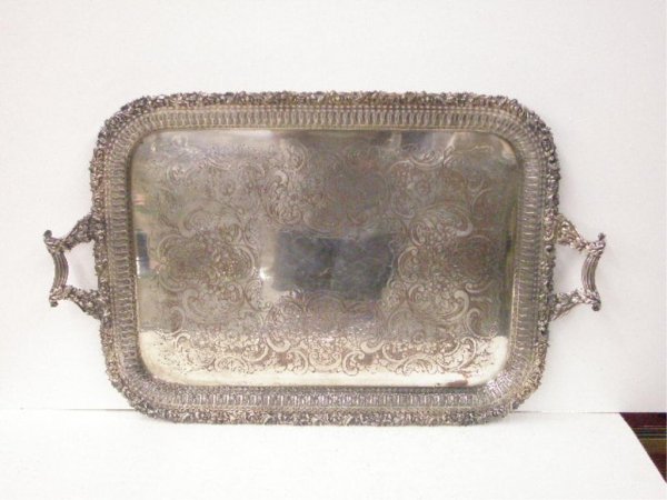 English Silverplate Serving Tray: English hallmarked double handled silverplate 28 3/4" x 18 1/2" serving tray, button feet, leaf & grape embossed rim, pierced edge, floral chasing center
