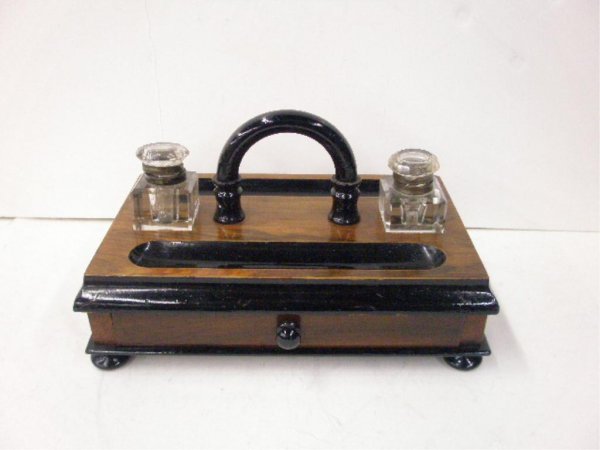 Early 20th c. Ebonized Wood Double Inkwell Box