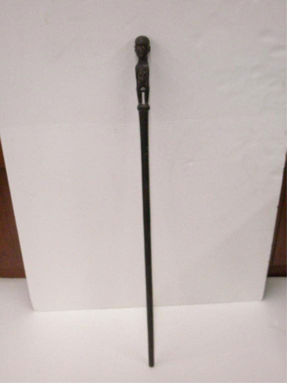 Antique African Wood Walking Stick: Antique African carved wood 37 1/2" walking stick w/glass eyed figural handle