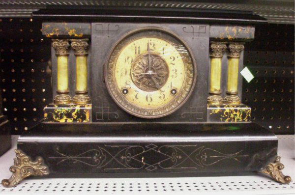Seth Thomas Victorian Wood Mantle Clock: Seth Thomas Victorian ebonized wood & faux grained 10 1/2" x 17" x 7" mantle clock, time & strike movement, painted paper dial