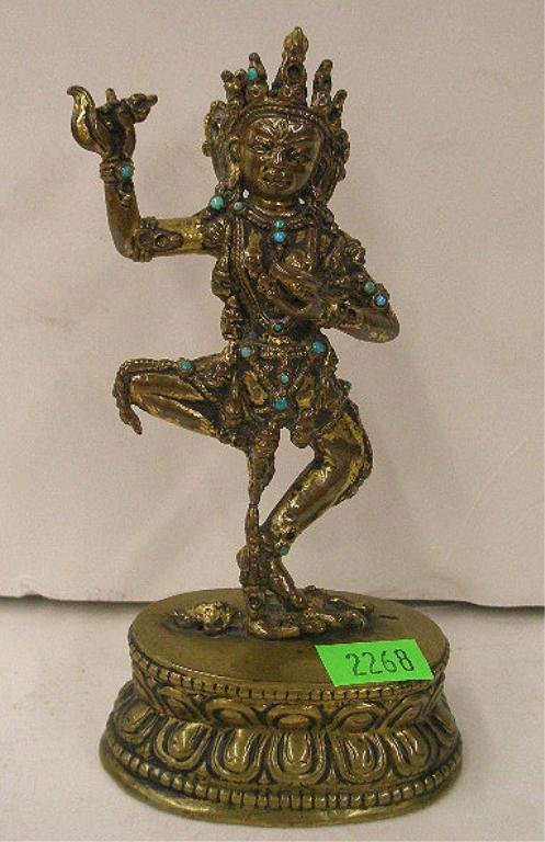 Antique Nepal Bronze Deity Figure: Antique Nepal bronze & turquoise mount 6 1/2" Deity figure