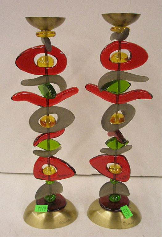 Orna Lalo Matisse Shabbat Candlesticks: Pr. Orna Lalo signed resin & brass 10" Matisse Shabbat candlesticks