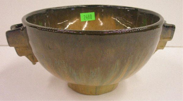 Fulper Pottery Bowl/Vase: Fulper pottery geometric handled 4 1/2" x 9 1/2" bowl/vase