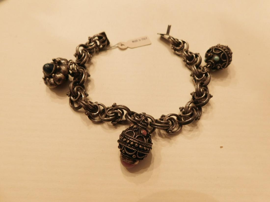 800 Silver Etruscan Bracelet & Fobs: 800 Silver Etruscan Bracelet & Fobs, three 800 silver fobs with turquoise, carnelian and appears to be lapis. Made in Italy length. [20] CONDITION: Very fine, vintage patina.