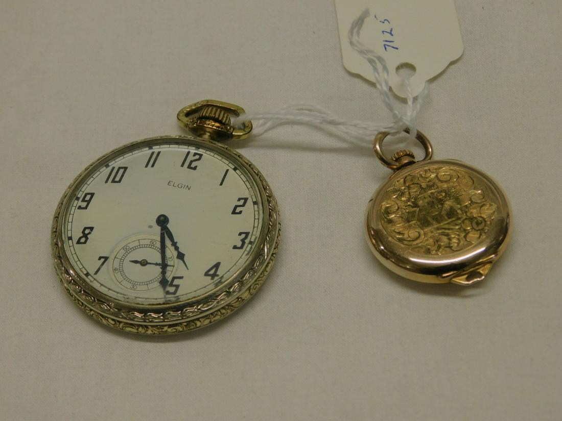 Elgin Pocket & Lapel Watches: Elgin Pocket and Lapel Watches includes: 14k gold filled open face case pocket watch with white dial and secondary dial, 24cm 17 jewel stem wind movement, serial # 26780879, plus a gold filled open fa