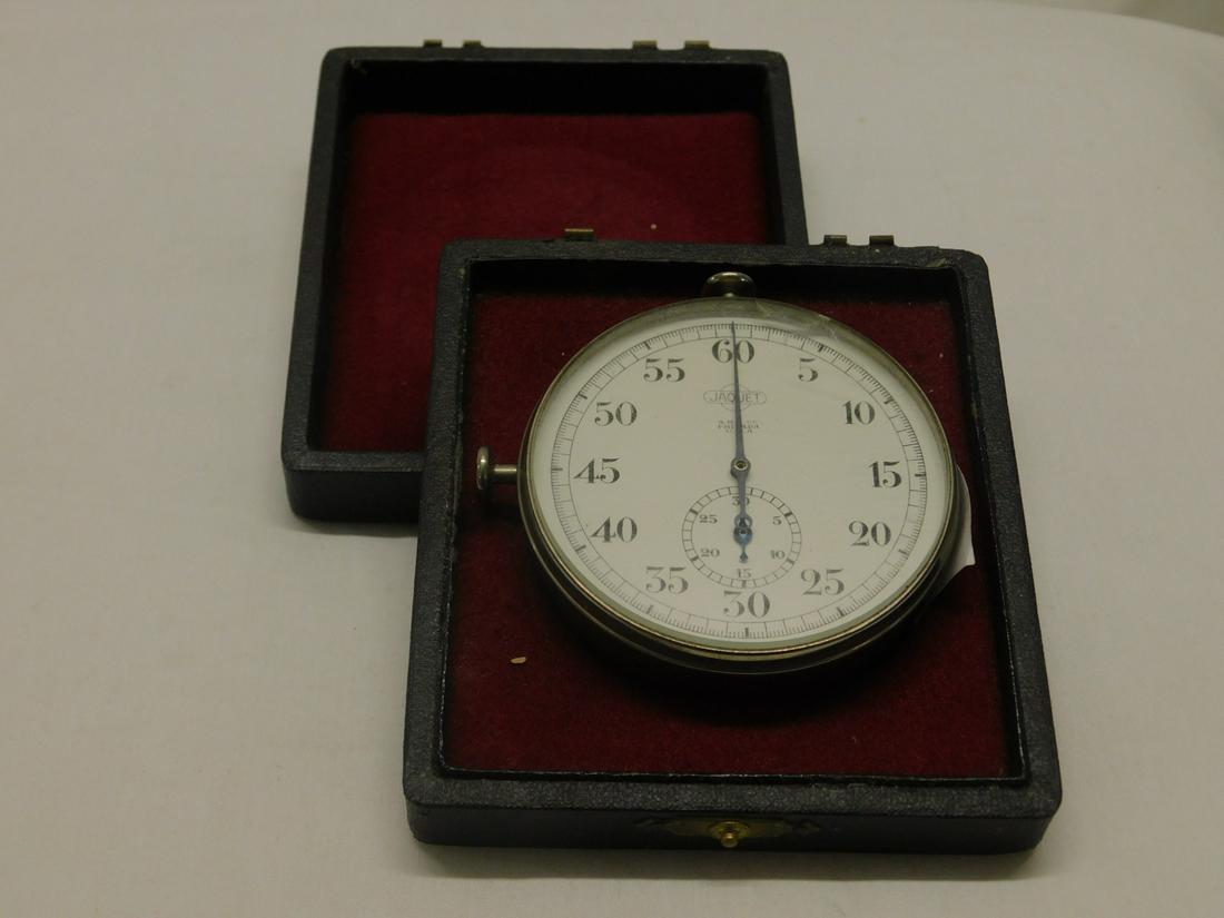 Vintage Jaquet Ltd. Stop Watch: Vintage Jaquet Ltd. Stop Watch "A.H.T. Co. Philada USA", made in Switzerland, nickle finish hand held case, model AXT, 7 jewels, one adjustment, one position, approx 62 cm, early to mid 20th C, includ