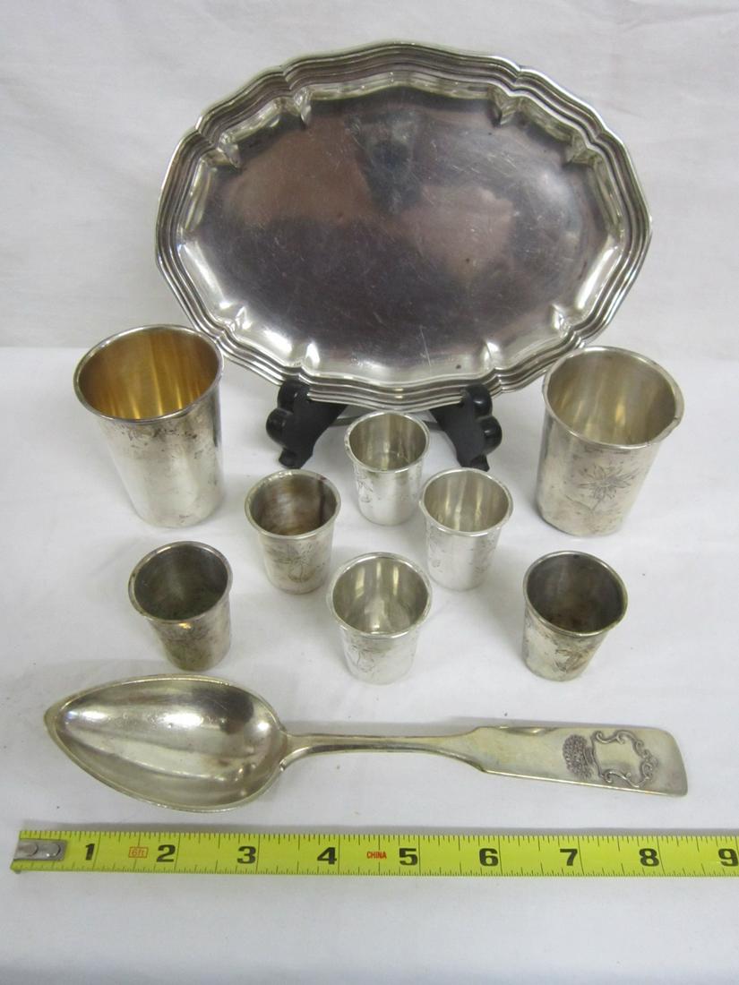 Sterling Silver Wine Cups, etc.: Sterling Silver Wine Cups, etc., includes: six floral etched wine cups 1 1/2"h and a matching 2 5/8" h cup; an oval Georgian style tray, 8" x 5 3/4"; a 2 7/8"h wine cup with engraved name; and a Russi