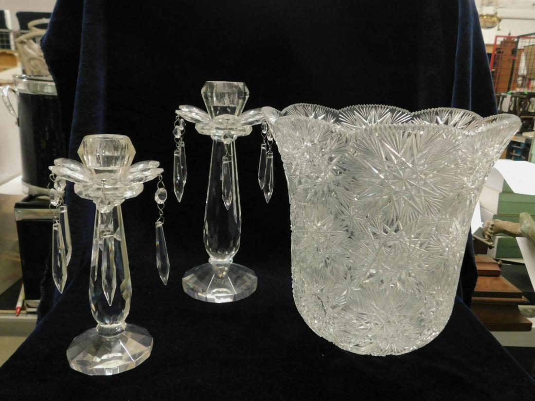 Cut Glass Large Scale Vase & Candlesticks: Contemporary Cut Glass Large Scale Vase & Candlesticks includes: Contemporary European cut Hob Star pattern, scalloped top vase, 10"h, 9 3/4"d, plus a pair of Villeroy & Boch graduated crystal candles