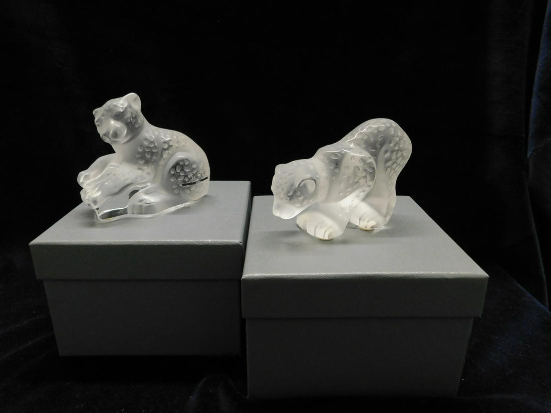 2 Lalique Jaguar Figures: Two Lalique Jaguar Figures, No. 1211400 and 1211300, frosted crystal, Colombo and Bombay. CONDITION: New in original boxes with papers.