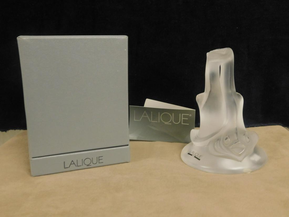 Lalique Dauphins Pernes: Lalique Dauphins Pernes, No. 11681, twin dolphins, frosted glass, 5 1/2"h. CONDITION: Vintage, new in box.