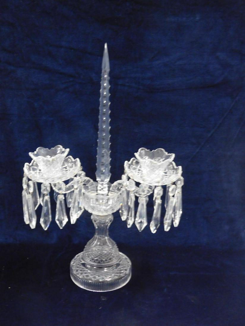 Waterford Cut Glass Candelabra: Waterford Cut Glass Candelabra, clear glass with cross hatch cuttings, central spear with Waterford acid mark; two shaped arms with candle cups, bobaches and spear prisms, mid 20th C, 20"h, 12 1/2"l.