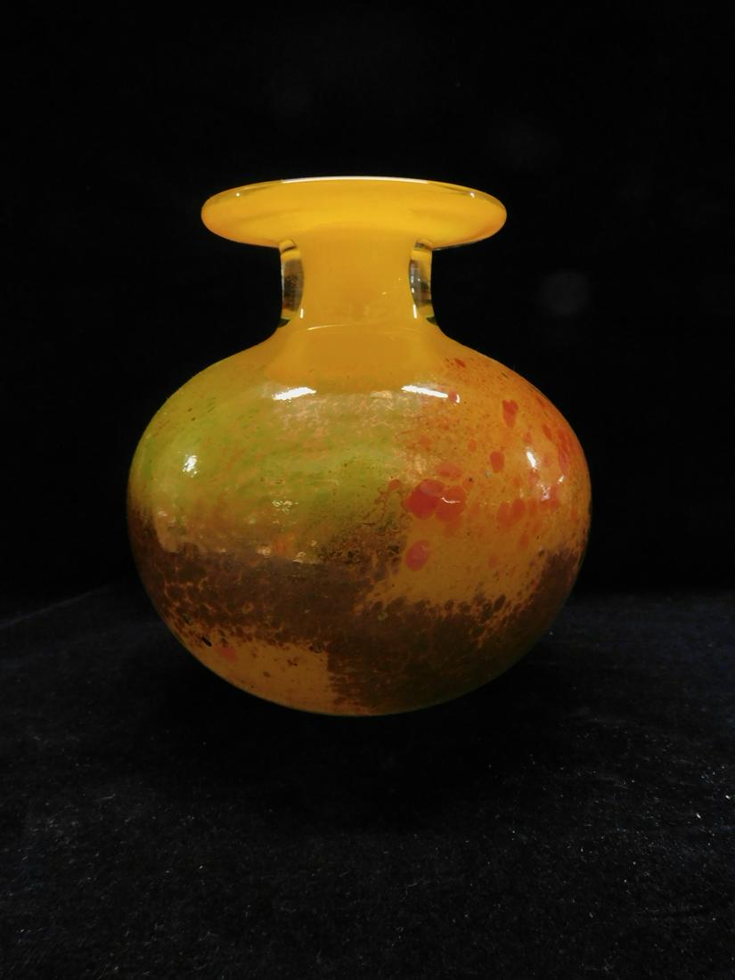 Contemporary Art Glass Vase: Contemporary Art Glass Vase, Atelier Beranek, Czechoslovakian Republic paper label. squat form with wide lip; cased glass in orange and numerous other colors, late 20th C, 6 1/2"h, approx. 6"d. CONDIT