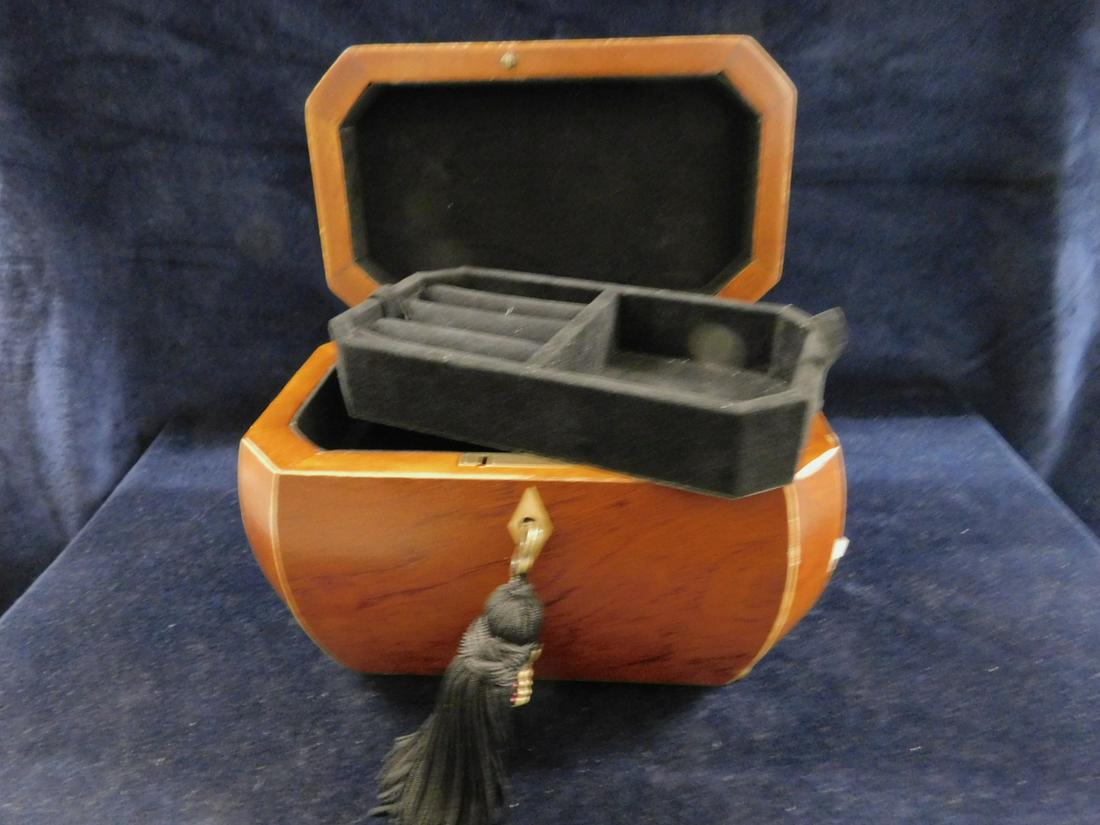 Jewelry Box: Jewelry Box, mahogany with line inlays; casket form, brass ring side handles, hinged lift lid with black velour fitted interior, includes: key with tassel and Swarovski type key form pendant, brass ba