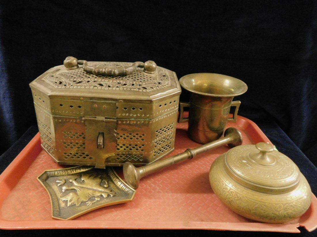 Vintage Brassware Group: Vintage Brassware Group includes: Russian mortar and pestle 4 1/4" h., Russian double eagle ashtray, India pierced hinged lid box with bale handle and ball feet 8 1/2" x 6" x 6 1/2", and an India cove