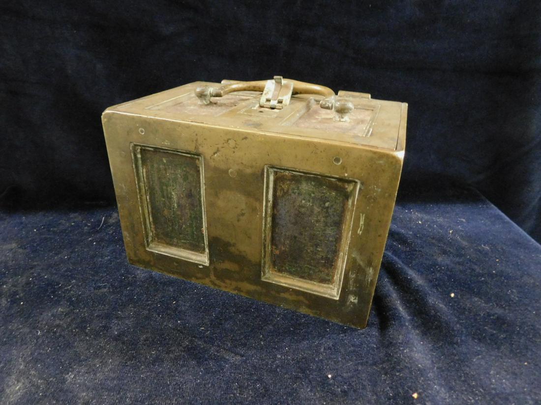 Antique Bronze Strong Box: Antique Bronze Strong Box, hinged lid with bale handle and hinged key cover; features recessed iron panels and iron interior; early 19th c, 7 1/4" x 5" x 5 1/2". CONDITION: Tarnished, scratches, rust,