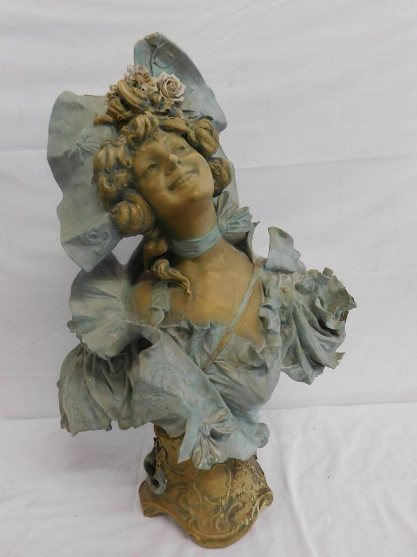 Ernst Wahliss Turn Belle Epoch Bust: Ernst Wahliss Turn Belle Epoch Bust, signed "EW Turn Wien Made in Austria" in a crown mark. A fashionable and attractive young woman in flowing green dress, neck ribbon and hat. on a Rococo style plin