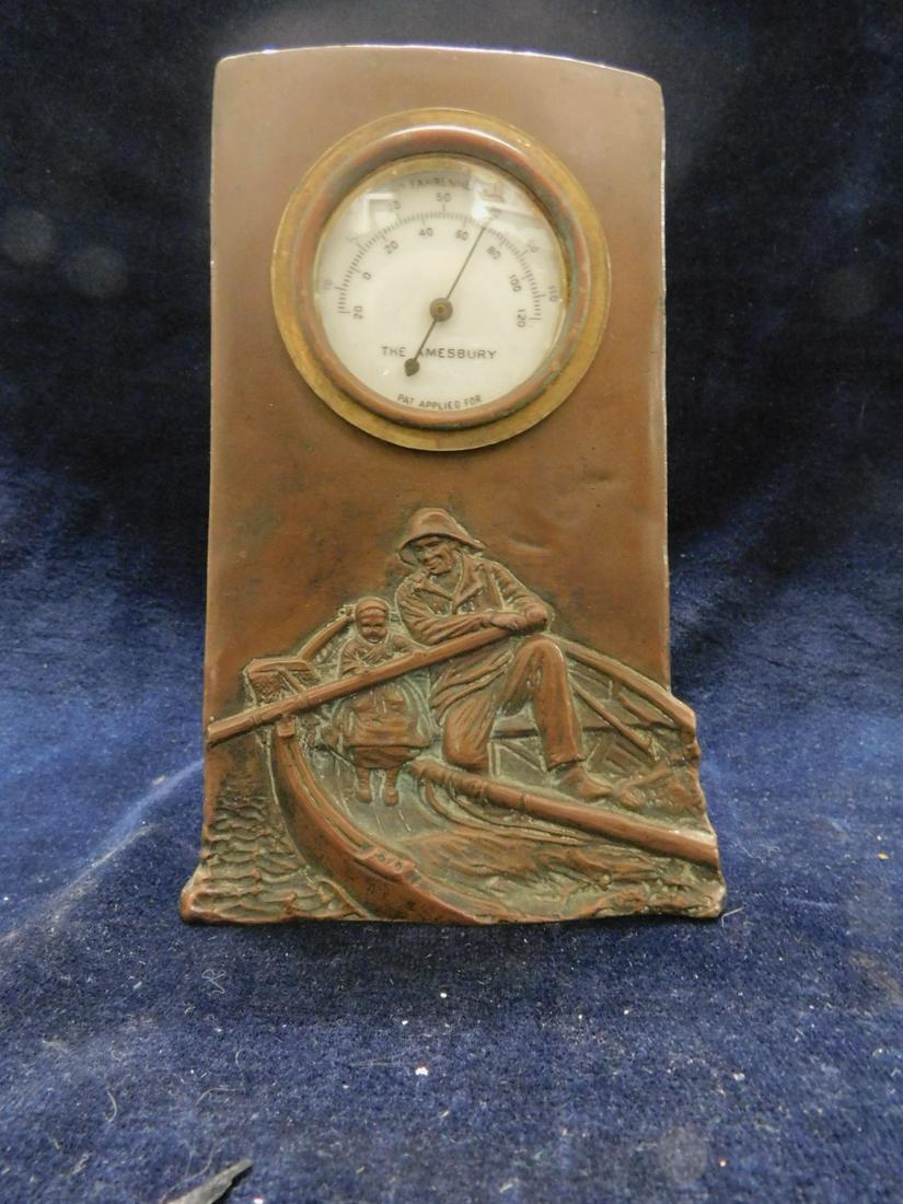 Art Deco Table Barometer: Art Deco Table Barometer, bronze finished metal with embossed sailor and child in rowboat, "The Amesbury" by The Jennings Brothers Mfg Co., USA, early 20th C, 6 5/8" x 4 1/4" x 2". CONDITION: Tarnishe